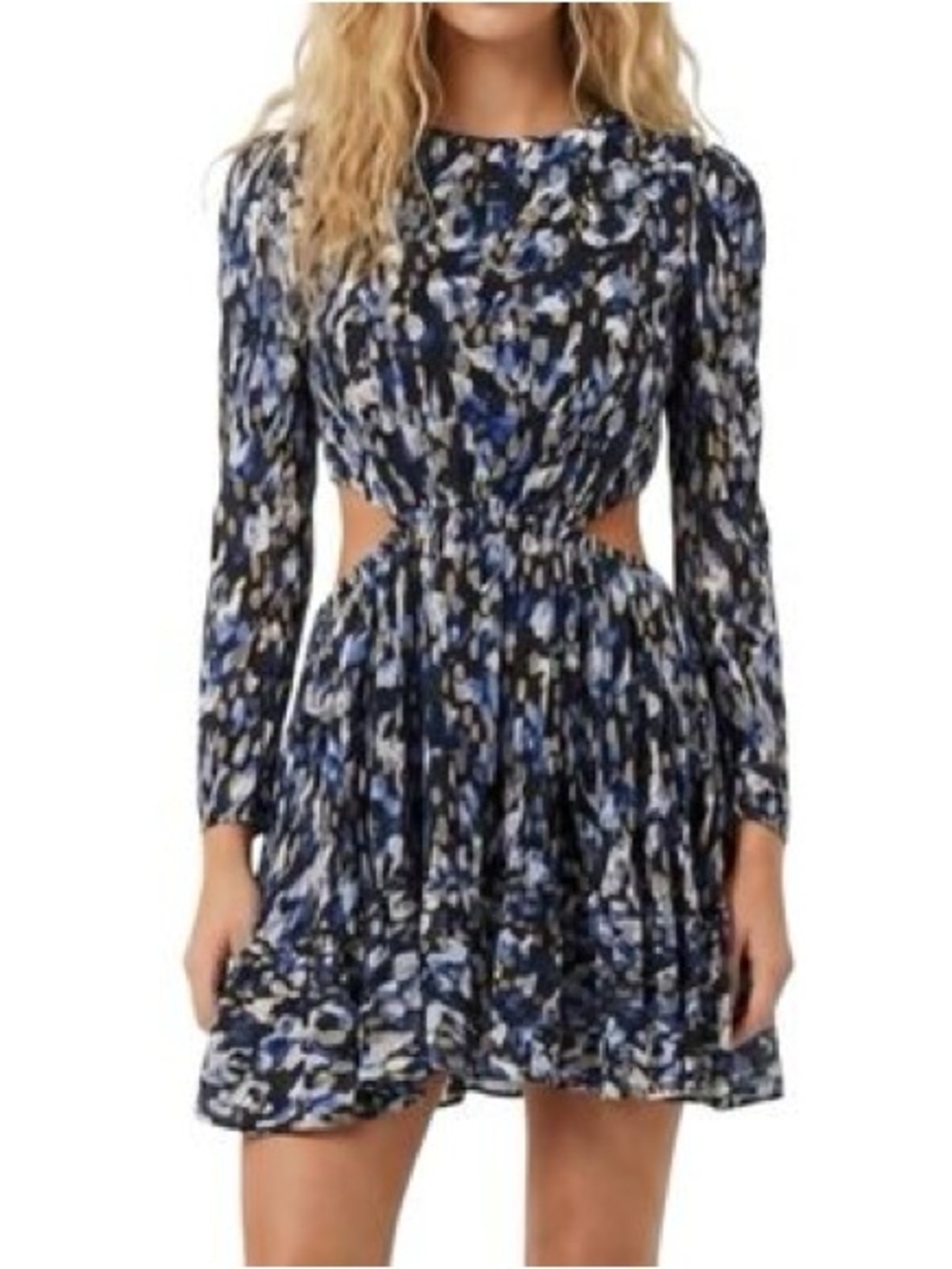 French Connection Blue, Black and Gold Printed Cutout Mini Dress